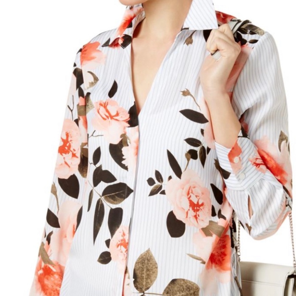 I.N.C  Womens Blue Satin Floral Print Striped
